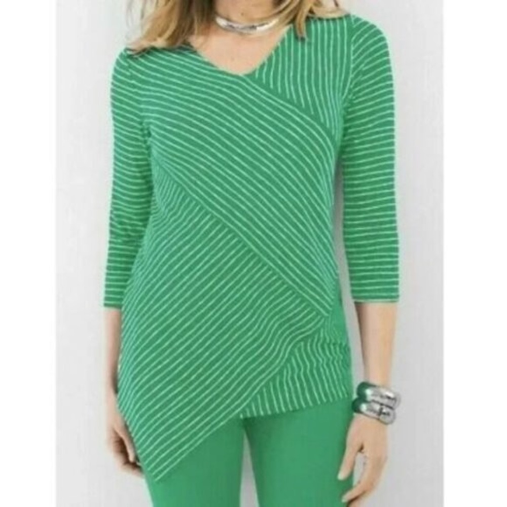 Chico's Travelers Green Striped Stretch Slinky Asymmetrical Tunic Top Medium